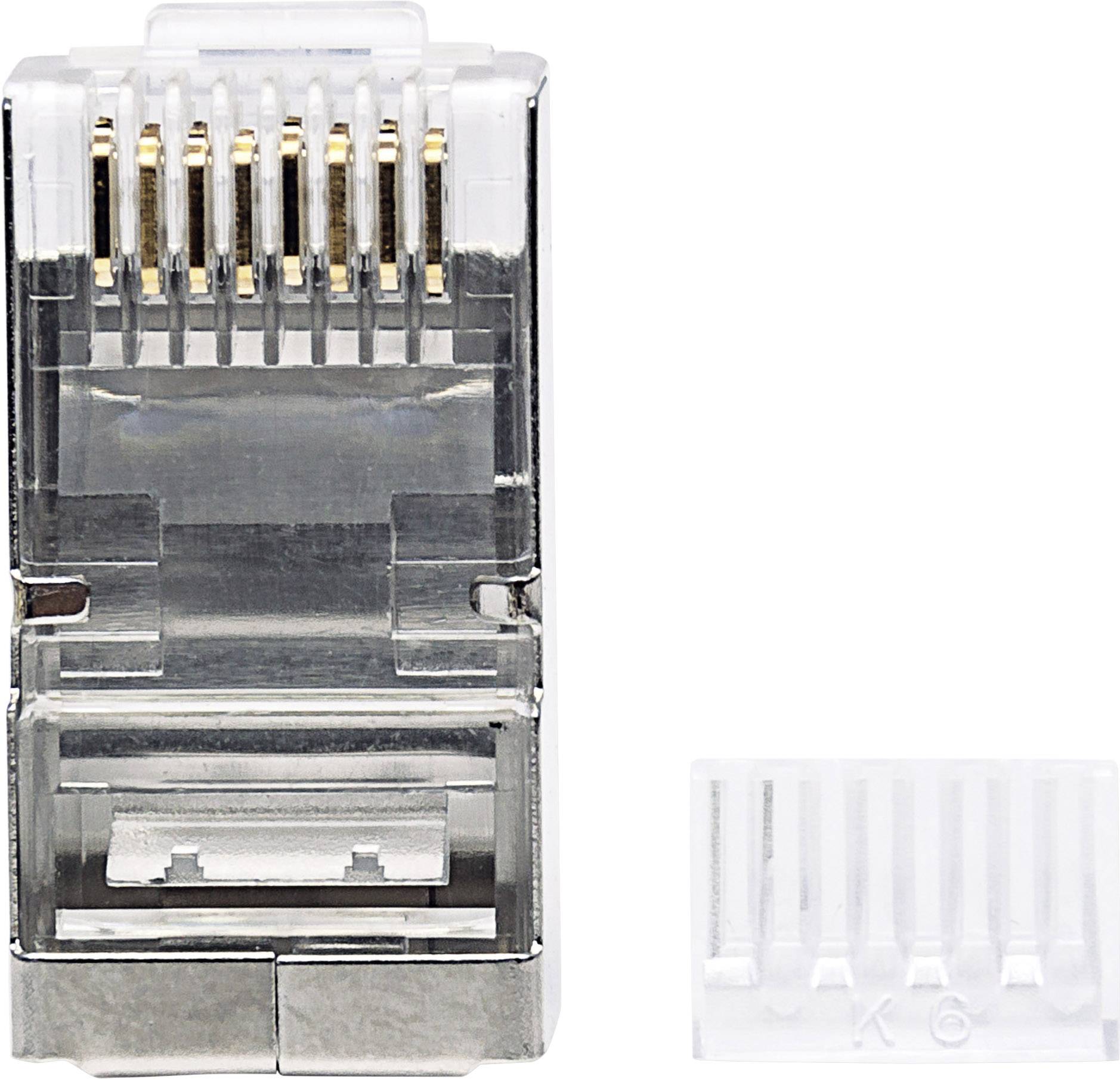 Wtyczka RJ45 z przodu i z boku. Przedstawiono metalowe styki oraz strukturę wtyczki.
