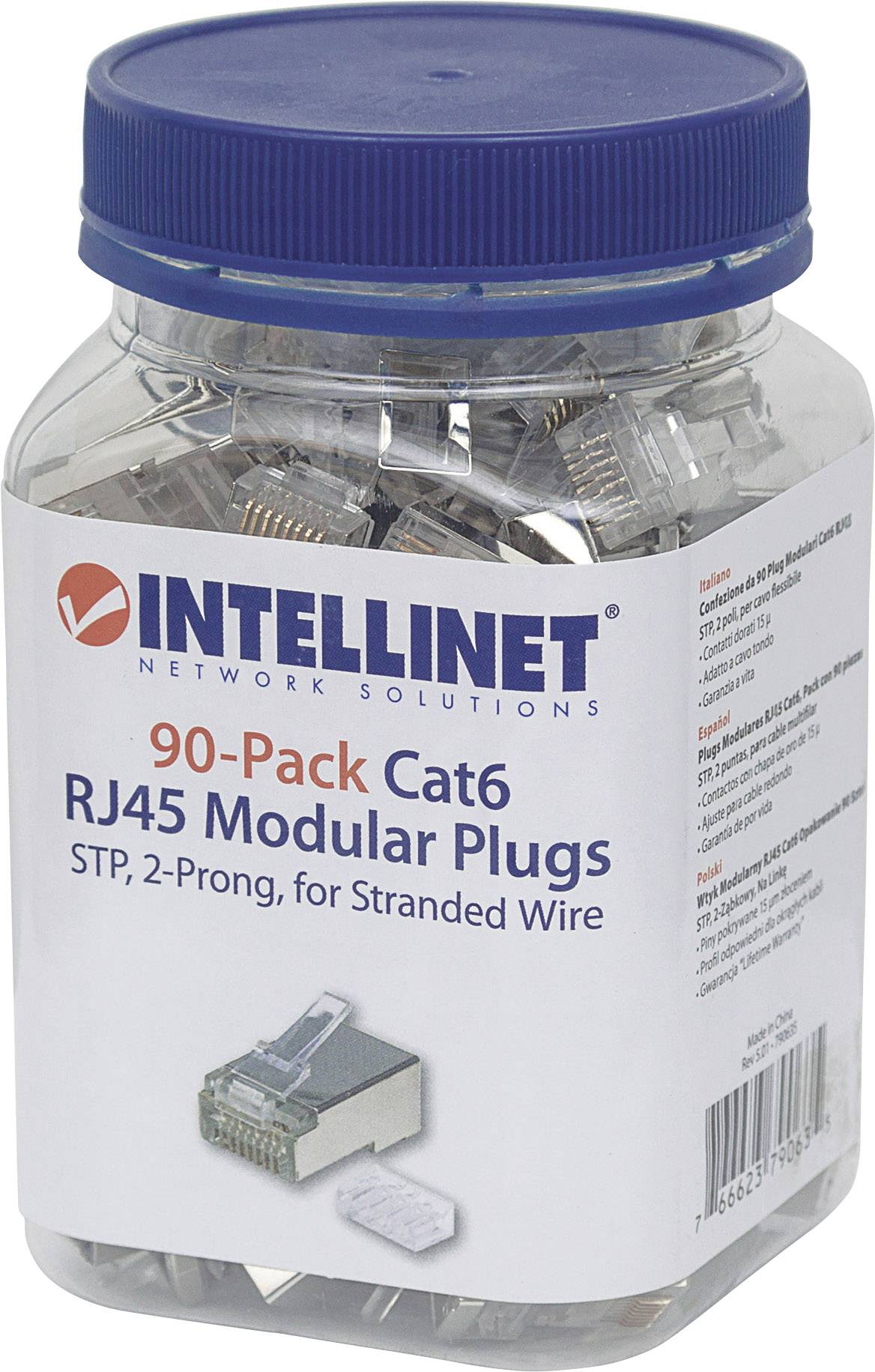 Pojemnik z 90 modularymi wtykami RJ45 kategorii 6, odpowiednimi do skręconych przewodów. Opakowanie firmy Intellinet Network Solutions.