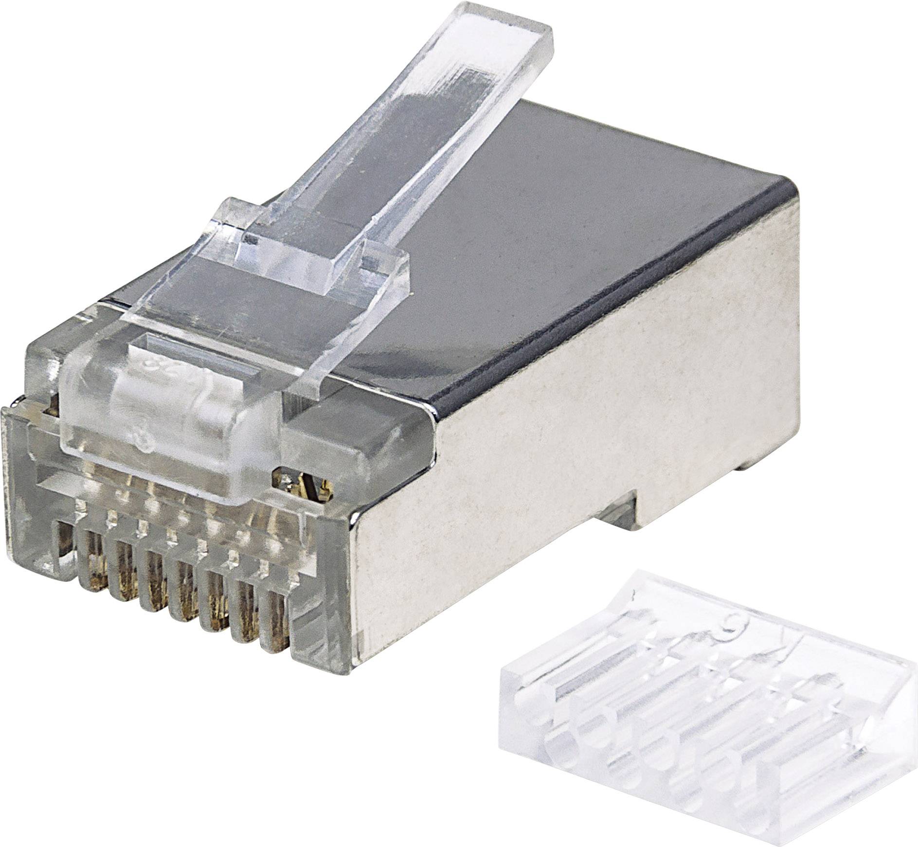 Przedstawiono wtyczkę sieciową RJ45 oraz przezroczysty klips ochronny. Wtyczka posiada osiem metalowych styków do przesyłania danych.