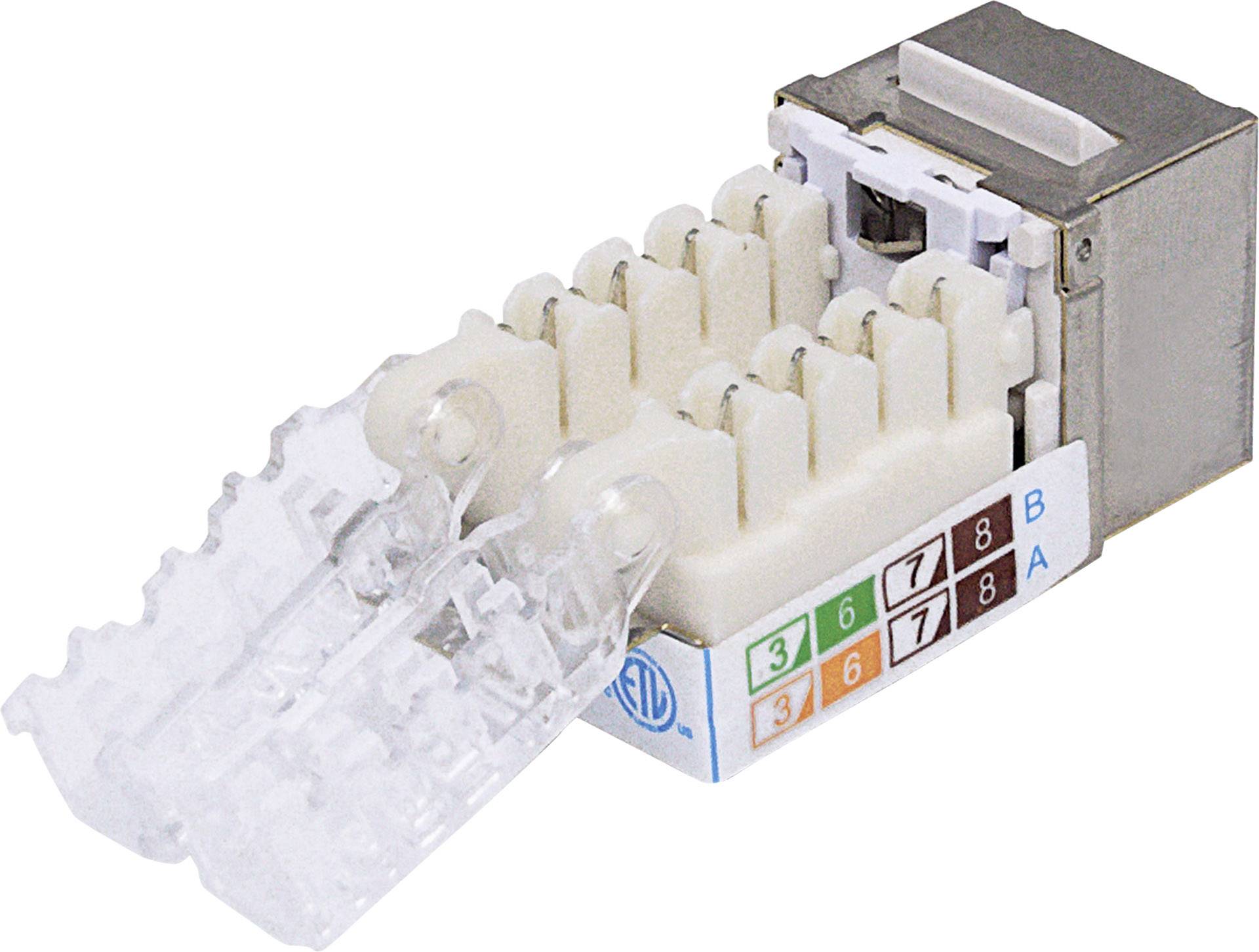 Modułowy moduł złącza RJ45 z kolorowo kodowanymi numerami ułatwiającymi podłączenie kabli.