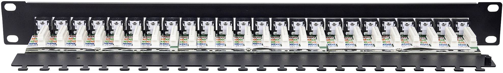 Patch panel do okablowania sieciowego z 24 portami w mocowaniu do szafy serwerowej. Przedstawia oznaczenia kolorystyczne dla różnych złączy.