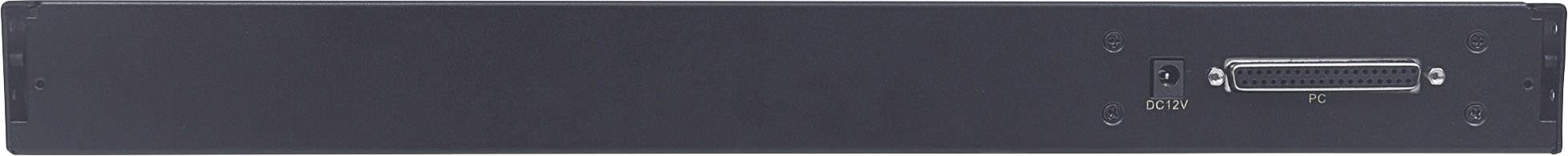 Widok z tyłu urządzenia elektronicznego z 25-stykowym złączem oraz przełącznikiem zasilania.