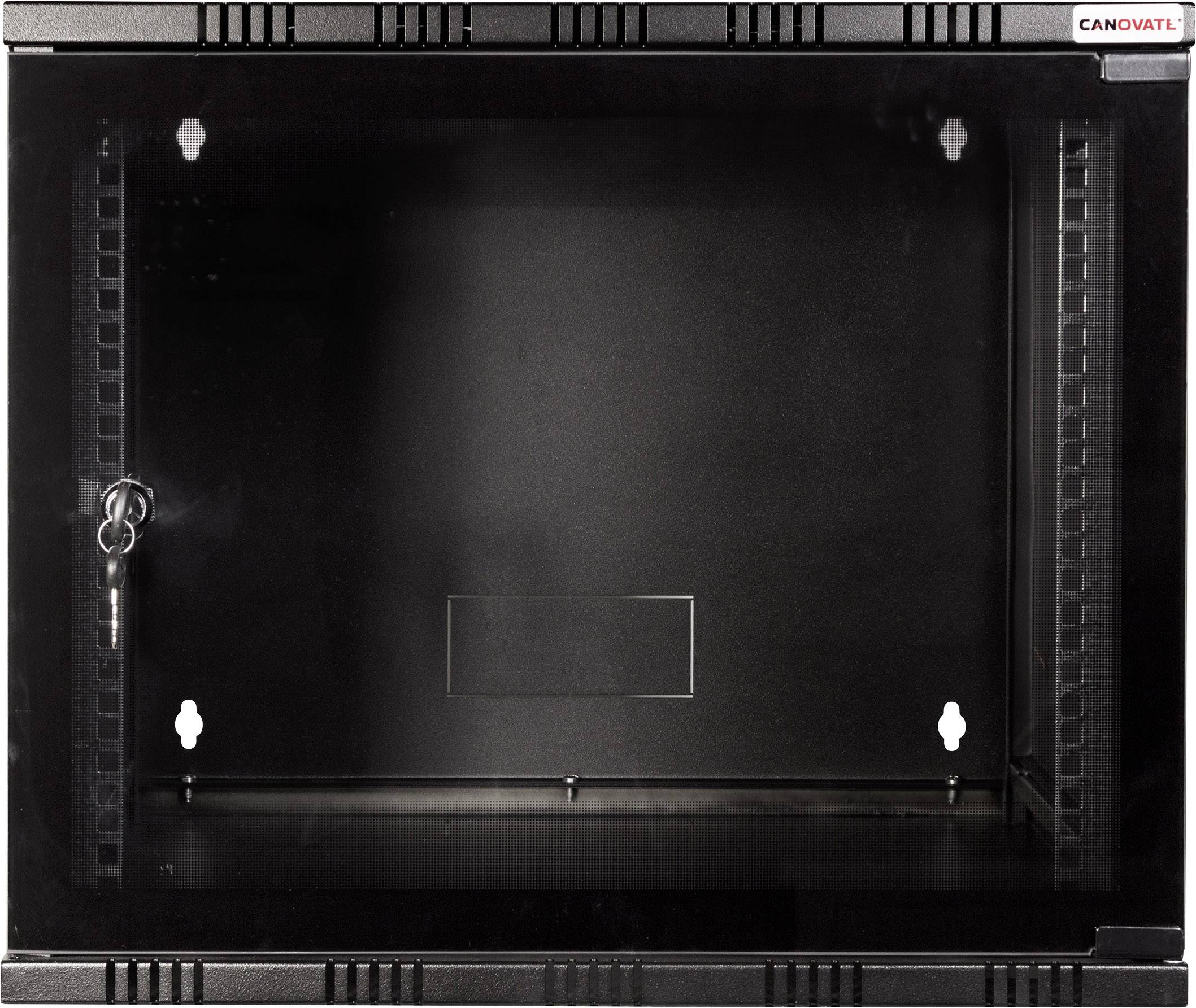 Czarny szafka ścienna ze szklaną przednią ścianką, widoczna dziurka od klucza. Odpowiednia do bezpiecznego przechowywania urządzeń technicznych.