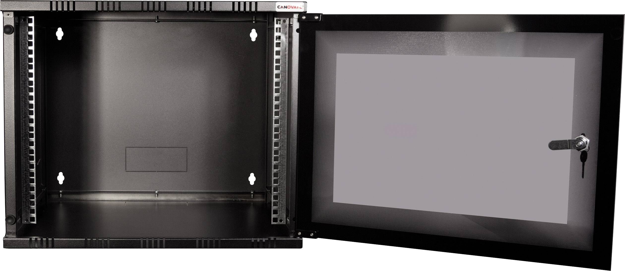 Czarny szafka naścienna z drzwiczkami szklanymi i zamkiem, widok wewnętrzny przedstawia puste półki przeznaczone do przechowywania urządzeń elektronicznych.