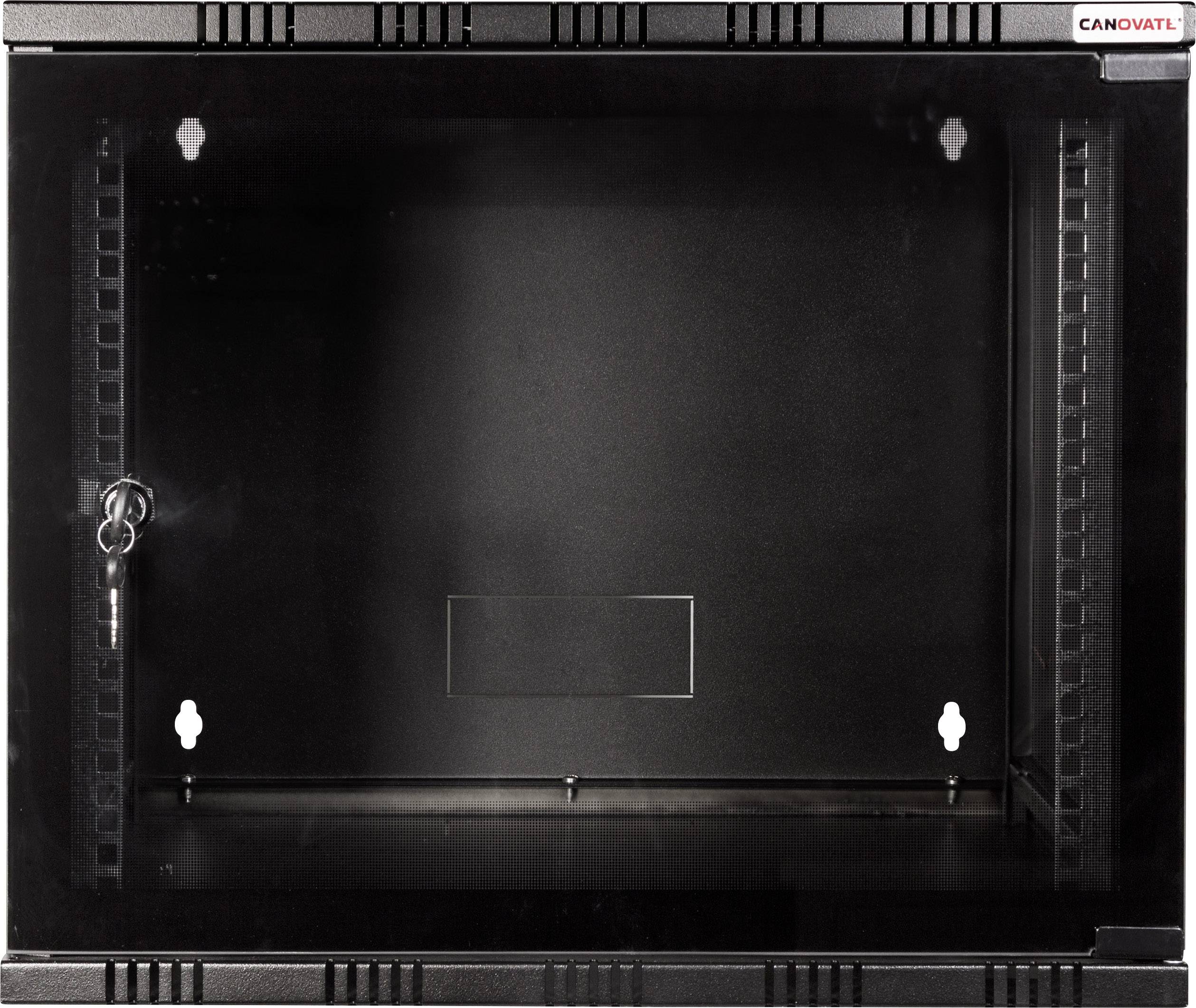 Czarny, pusty metalowy szafa sieciowa ze szklaną szybą i zamkiem, przeznaczona do przechowywania urządzeń IT i kabli.