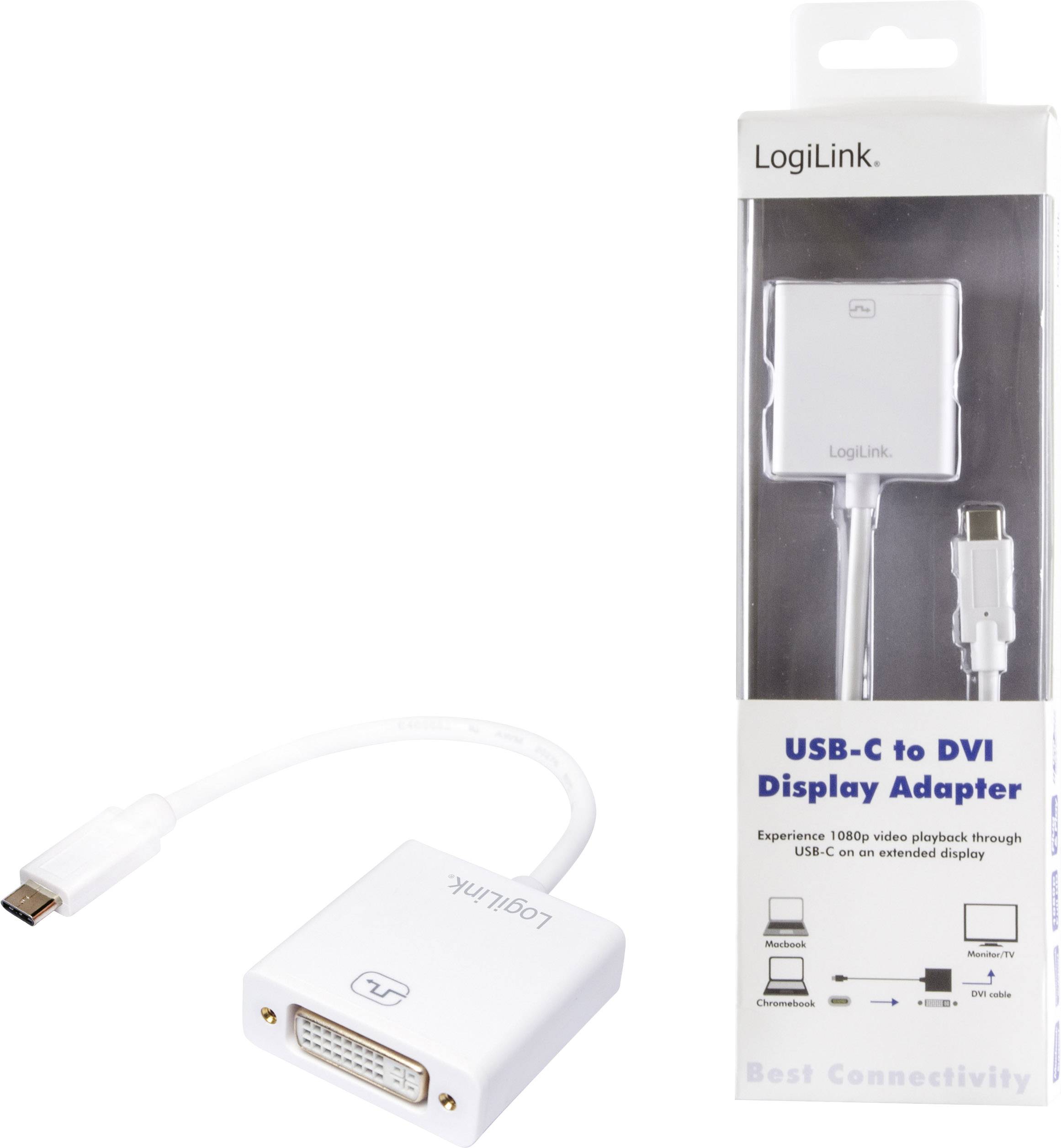 Adapter USB-C do DVI Display firmy LogiLink w opakowaniu. Adapter umożliwia odtwarzanie wideo w rozdzielczości 1080p z portu USB-C na monitory DVI.