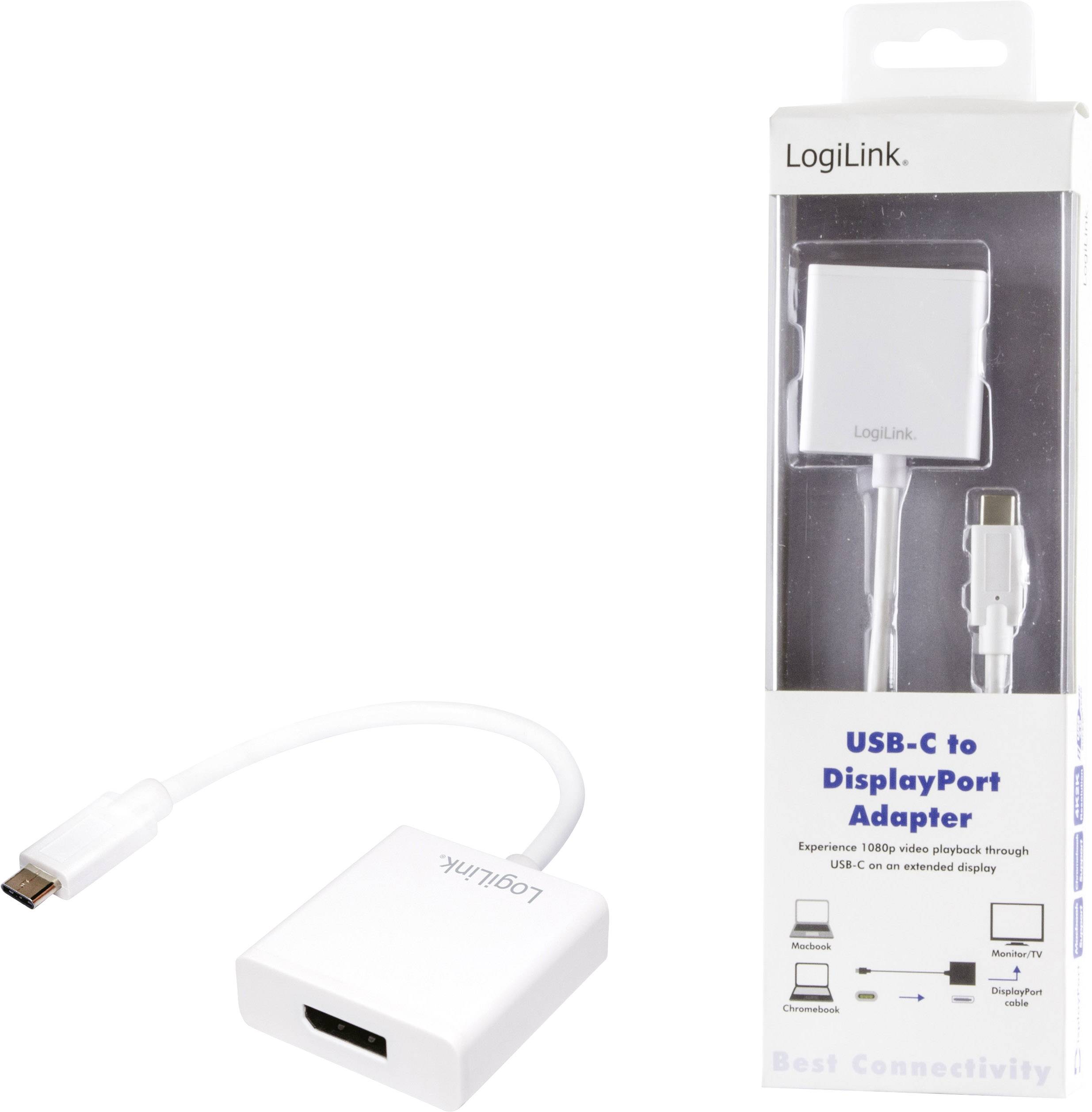 Adapter LogiLink USB-C na DisplayPort, biały, do MacBooka, Chromebooka, Windows. Pokazano adapter i opakowanie.