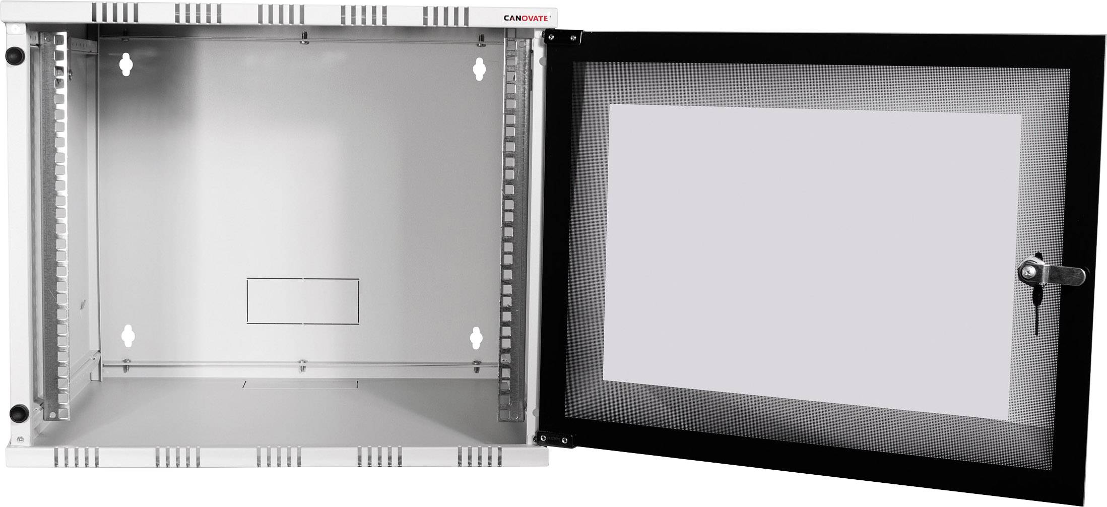 Otwarty metalowy rozdzielacz sieciowy z przednią szybą, zawiasowaną po prawej stronie. Odpowiedni do montażu ściennego.