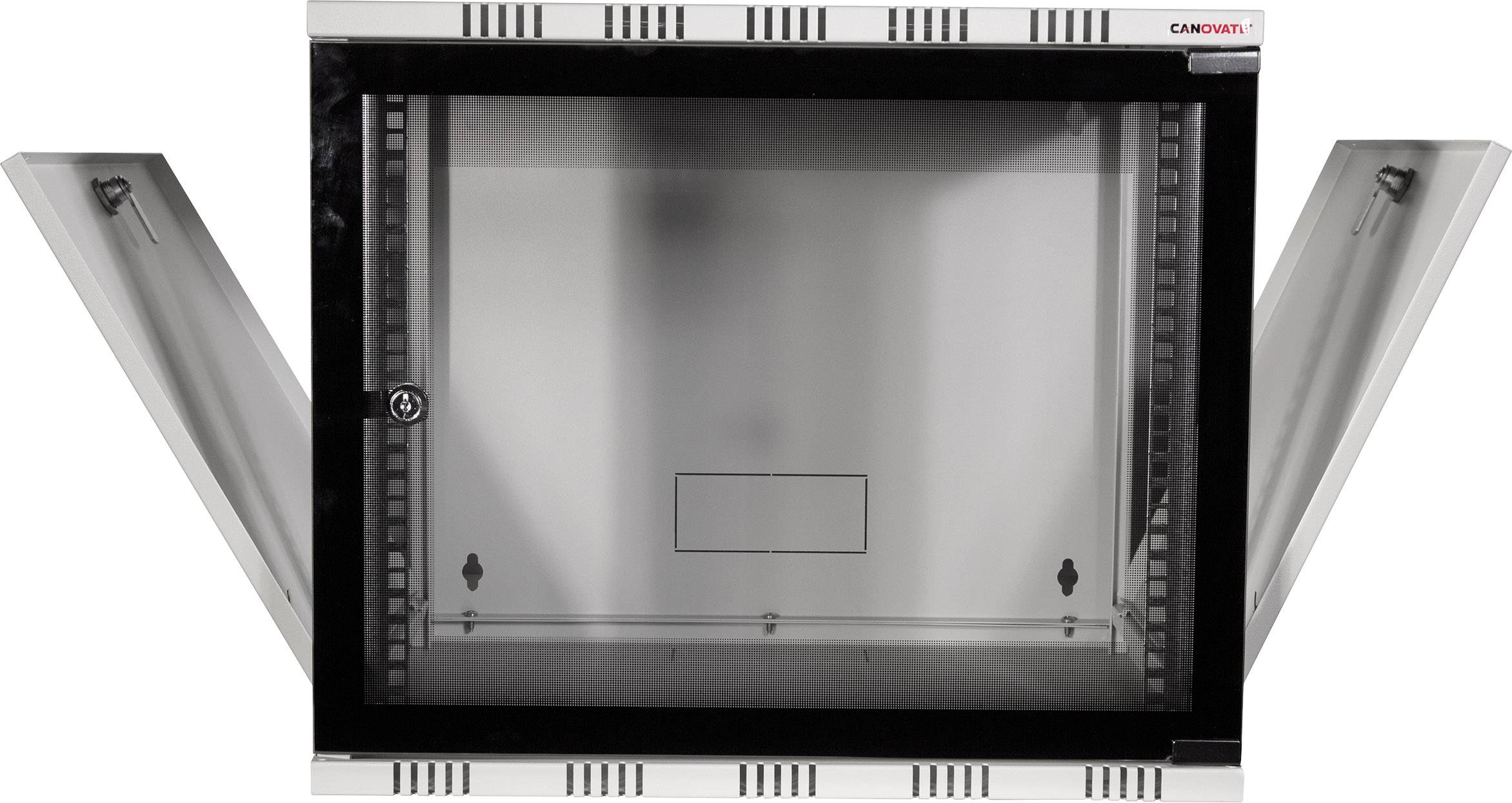 Szafka metalowa ze szklaną przegrodą, otwarta, ukazująca pustą przestrzeń wewnętrzną, przeznaczoną do przechowywania lub montażu.