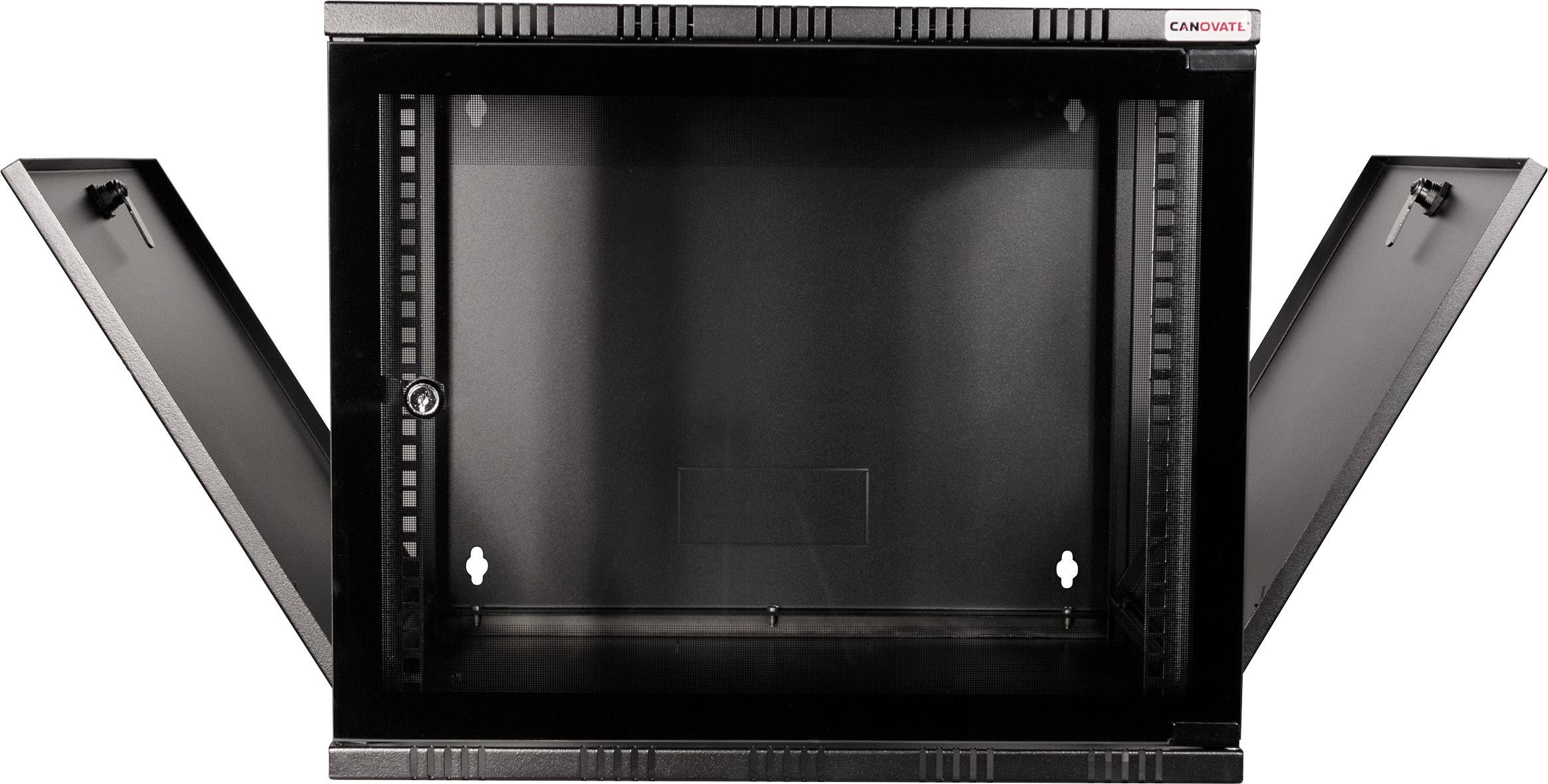 Otwarty, pusty czarny szafka naścienna z bocznymi drzwiami, używana do bezpiecznego przechowywania urządzeń sieciowych.