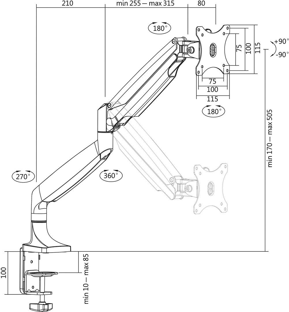 Rysunek ramienia monitora z dokładnymi wymiarami w milimetrach oraz kątami obrotu, zapewniającymi pełną mobilność i możliwość dostosowania.