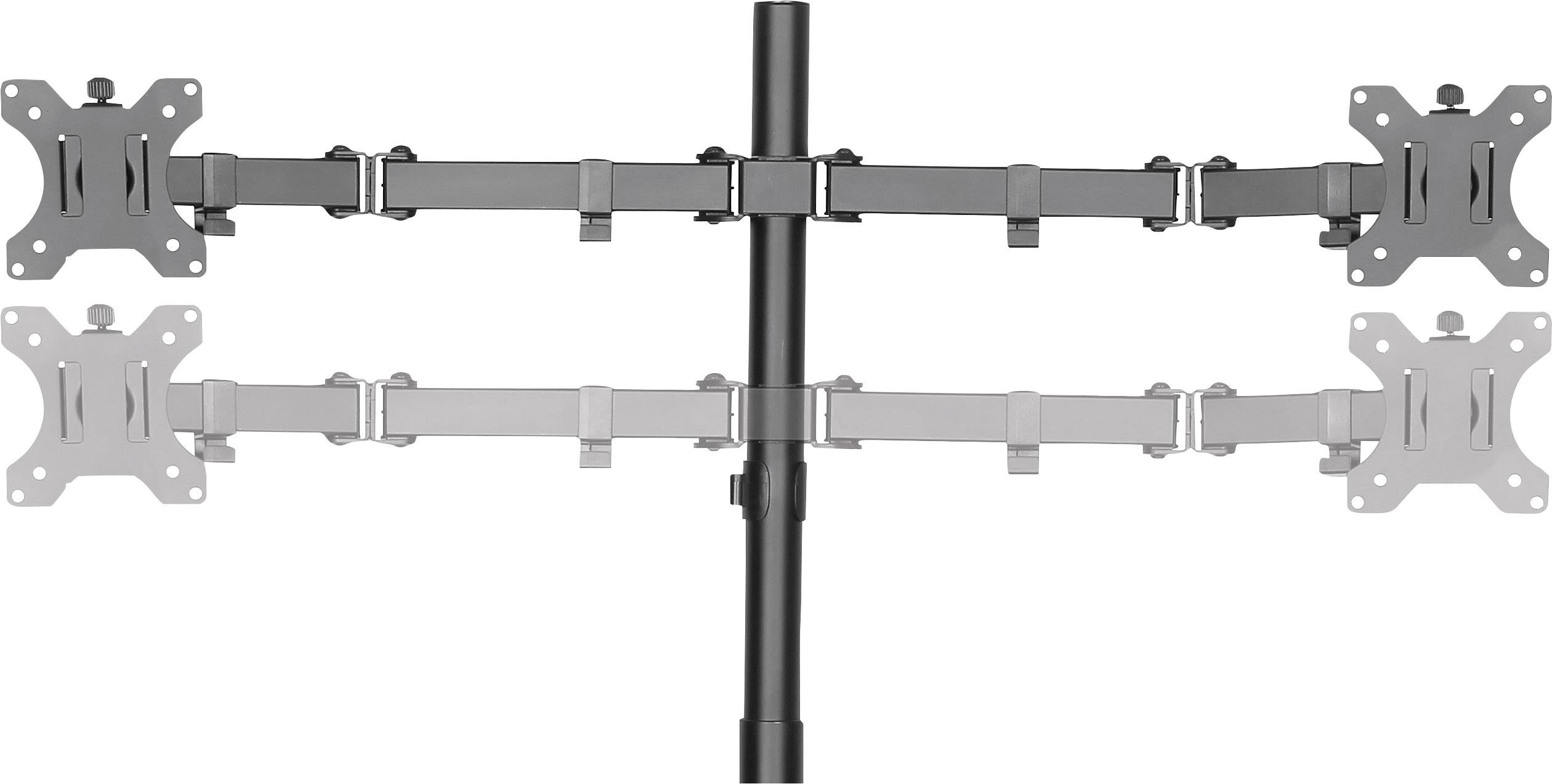 Poziomy uchwyt na monitor z dwoma ramionami, z których każde wyposażone jest w dwie regulowane mocowania VESA do monitorów.