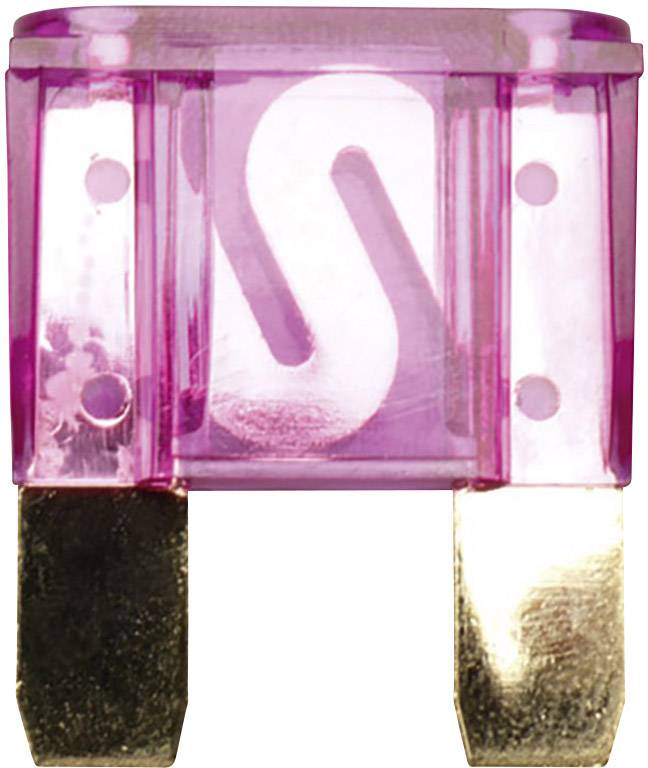 Lila standardowa bezpieczna wtyczka płaska z przezroczystą obudową i dwoma stykami metalowymi.