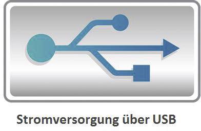 Symbol wtyczki USB ze strzałką. Tekst poniżej: 'Zasilanie przez USB', wskazujący na opcję zasilania przez USB.