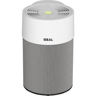 Cylindryczny oczyszczacz powietrza z białą obudową i szarą kratką, na której widoczne jest logo 'IDEAL'.