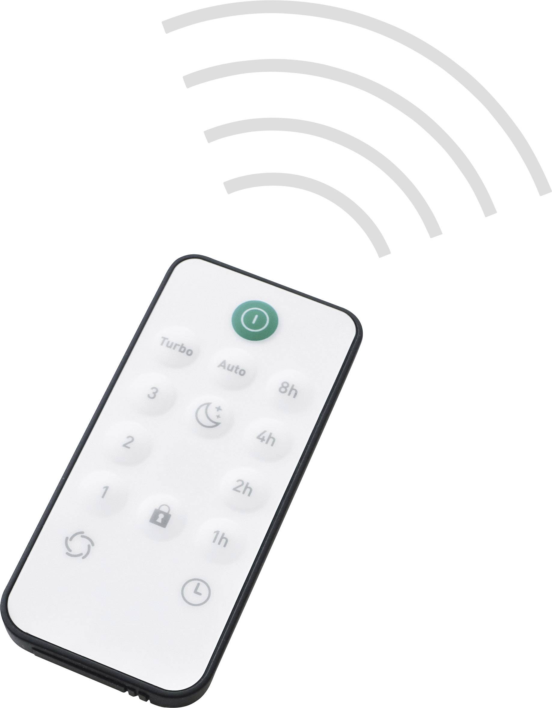 Pilot zdalnego sterowania z przyciskami do ustawiania timera i trybów, takich jak 'Turbo' i 'Auto'. Na górze przycisk włączania. Faliste łuki symbolizują transmisję sygnału.