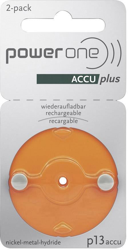 Opakowanie 'Power One ACCU plus' przedstawia dwie możliwe do ponownego naładowania baterie do aparatów słuchowych rozmiaru p13 z niklu i metali ziem rzadkich w kolorze pomarańczowym.