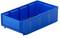 Niebieski plastikowy pojemnik o prostokątnym kształcie, odpowiedni do przechowywania lub transportu małych przedmiotów.