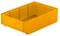 Żółte pudełko z tworzywa sztucznego, prostokątne, z nieznacznie podniesionym brzegiem, odpowiednie do przechowywania przedmiotów.