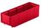 Czerwone pudełko z tworzywa sztucznego o prostokątnym kształcie i wzmocnionych krawędziach. Odpowiednie do przechowywania małych przedmiotów lub elementów.