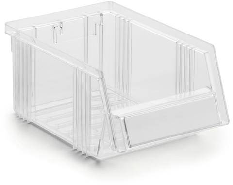 Przezroczysty pojemnik z tworzywa sztucznego z otwartą przednią ścianką, odpowiedni do przechowywania mniejszych przedmiotów.