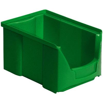 Zielona skrzynka plastikowa z otwartą przednią ścianką, umożliwiająca łatwe wyjmowanie zawartości. Idealna do przechowywania mniejszych przedmiotów.