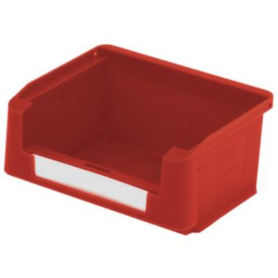 Czerwone plastikowe pudełko z otwartą przednią ścianką i zintegrowanym uchwytem na etykietę, puste, przeznaczone do przechowywania lub organizacji przedmiotów.