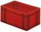 Czerwona plastikowa skrzynka o prostokątnym kształcie z wzmocnionymi narożnikami, pusta i bez widocznej zawartości.