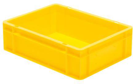Żółte pudełko z tworzywa sztucznego w kształcie prostokąta, bez widocznej zawartości, na białym tle.