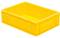 Żółte pudełko z tworzywa sztucznego w kształcie prostokąta, bez widocznej zawartości, na białym tle.