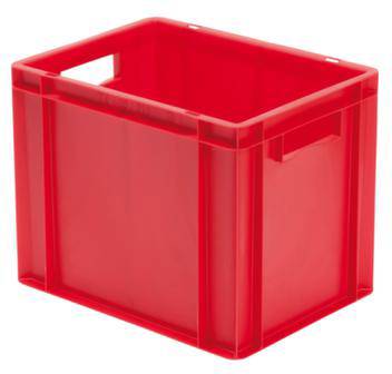 Czerwona plastikowa skrzynka z otwartymi uchwytami po bokach, o prostokątnym kształcie. Idealna do magazynowania lub transportu.