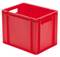 Czerwona plastikowa skrzynka z otwartymi uchwytami po bokach, o prostokątnym kształcie. Idealna do magazynowania lub transportu.