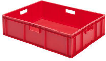 Czerwone plastikowe pudełko z otwartymi uchwytami po bokach, prostokątne i płaskie.