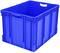 Duża, prostokątna, niebieska skrzynka plastikowa z otwartymi uchwytami po bokach, przydatna do magazynowania lub transportu.