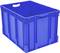 Pusta, niebieska plastikowa skrzynka z uchwytami po bokach, nadająca się do przechowywania lub transportu.