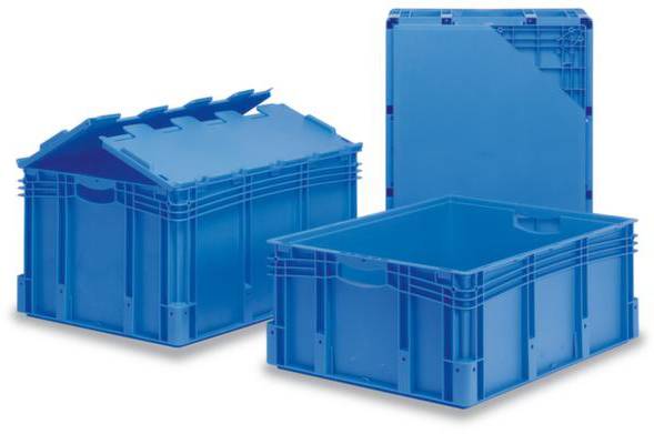 Dwie niebieskie plastikowe skrzynki, jedna zamknięta, a druga otwarta. Skrzynki posiadają wyprofilowane krawędzie umożliwiające ich układanie w stosy.