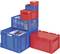 Dwa niebieskie i trzy czerwone pojemniki z tworzywa sztucznego ułożone w stosie w różnych rozmiarach; niektóre są zamknięte, inne otwarte i puste.