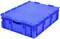 Niebieski, plastikowy pojemnik z pokrywką, o prostokątnym kształcie, możliwy do sztaplowania. Odpowiedni do magazynowania i transportu towarów.