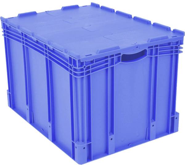 Niebieski pojemnik plastikowy ze wzmocnionymi narożnikami i pokrywą. Nadaje się do штабелювання та składowania.