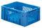 Niebieska plastikowa skrzynka z kratową strukturą na bokach.