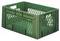 Zielona plastikowa skrzynka z otworami w kształcie rombu na bokach oraz wzmocnionymi krawędziami, przeznaczona do transportu lub przechowywania.