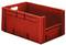Czerwona plastikowa skrzynka prostokątna, z otwartymi uchwytami po krótkich bokach, odpowiednia do magazynowania lub transportu towarów.