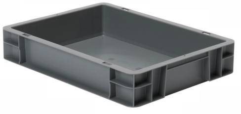 Szara plastikowa skrzynka o prostokątnym kształcie, z płaską krawędzią, bez widocznych uchwytów lub pokrywy. Przeznaczona do ogólnego przechowywania.