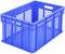 Niebieska, prostokątna plastikowa skrzynka z kratową strukturą i uchwytami po bokach.