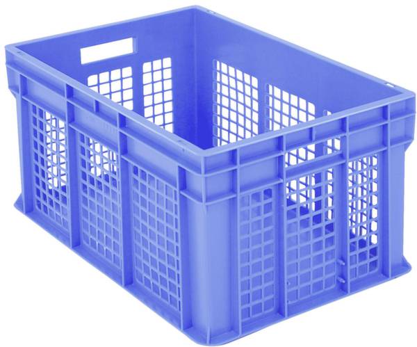 Niebieskie, puste pudełko plastikowe z ażurowymi ściankami, odpowiednie do przechowywania lub transportowania przedmiotów.