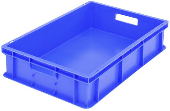 Niebieski pojemnik z tworzywa sztucznego o prostokątnym kształcie i gładkich ścianach bocznych, odpowiedni do przechowywania lub transportu.