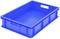 Niebieski pojemnik z tworzywa sztucznego o prostokątnym kształcie i gładkich ścianach bocznych, odpowiedni do przechowywania lub transportu.