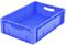 Niebieska plastikowa skrzynka o prostokątnym kształcie z otwartymi uchwytami, często używana do przechowywania lub transportu przedmiotów.