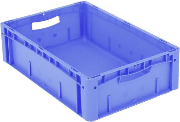 Niebieska, prostokątna plastikowa skrzynka z uchwytami po krótszych bokach. Jest pusta i czysta.