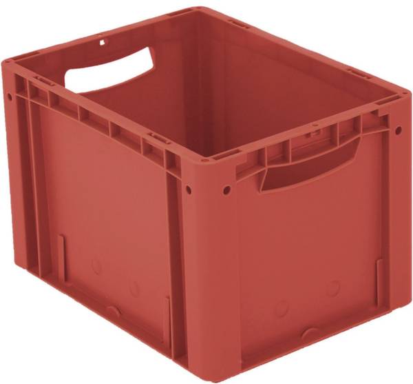 Prostokątne, plastikowe pudło z otwartą pokrywą i uchwytami po bokach.